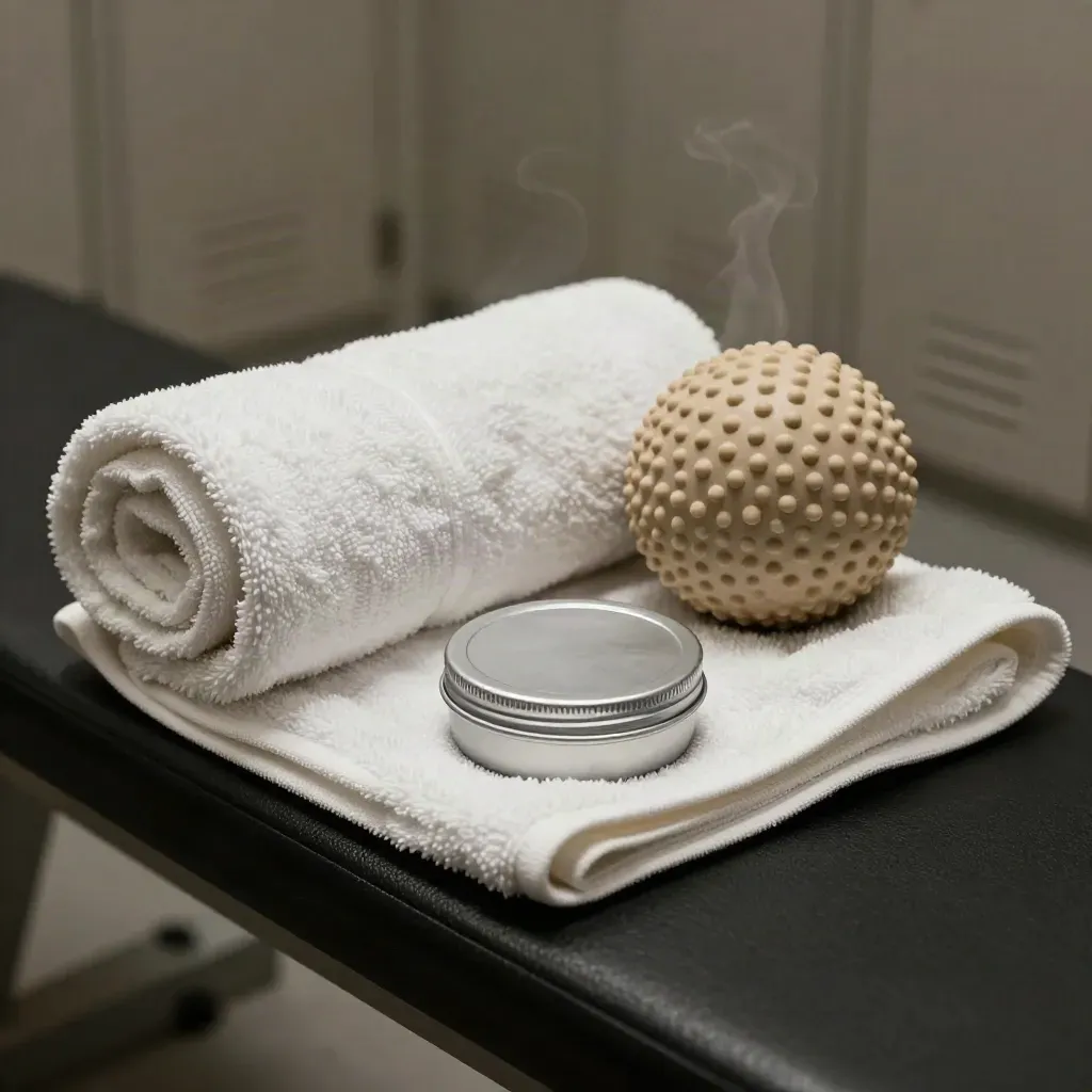 Sore balm tin, towel, massage ball and cotton wrap on a gym bench with cool steam