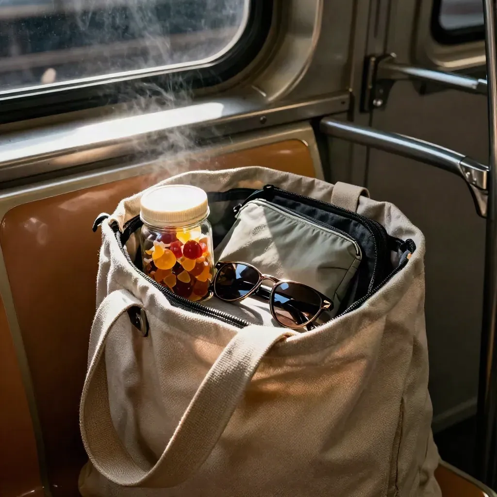 CBD gummies, pouch, sunglasses and tote in a commuter bag by morning light
