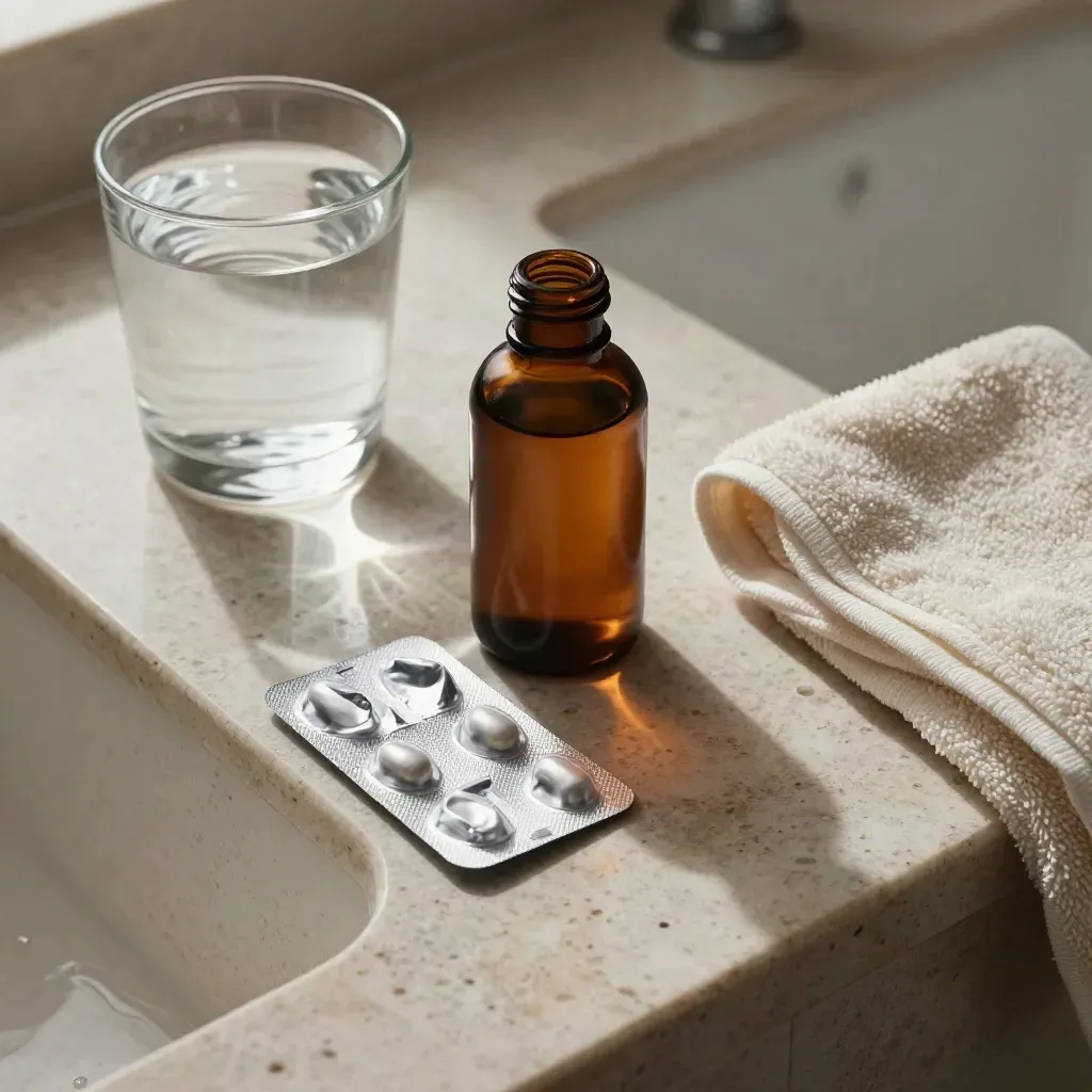 Capsule bottle, blister pack, water glass, and folded towel on pale travertine in soft daylight.