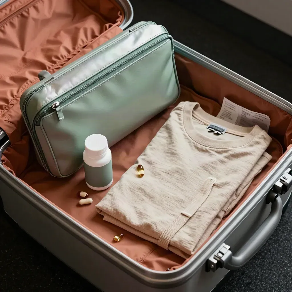 Open capsule case, bottle, pouch, and folded tee in a suitcase tray