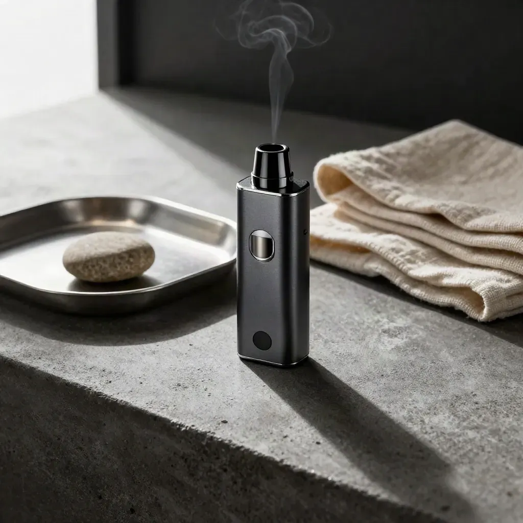 Charcoal vape device with cartridge, tray, cloth and stone on a concrete counter with vapor curl