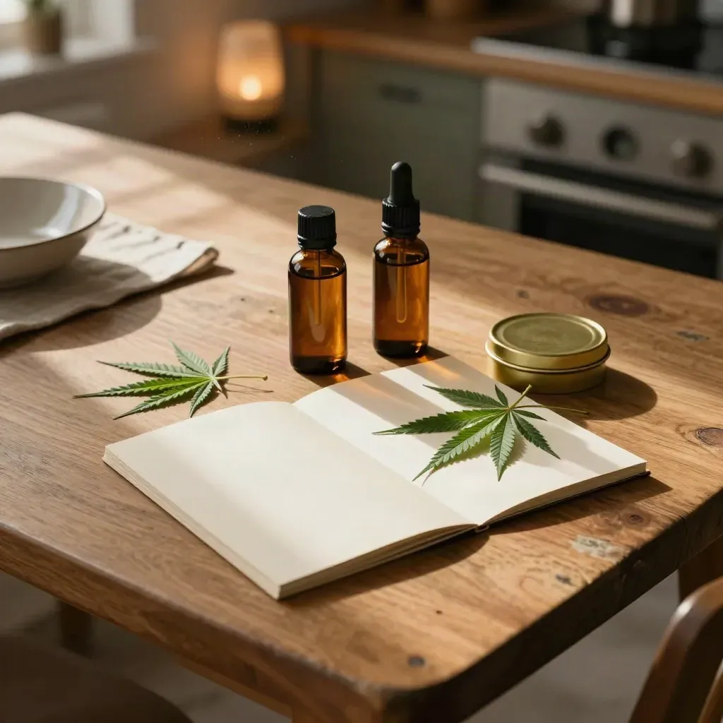 Two CBD bottles, folded booklet, hemp sprig and gold tin on a warm kitchen table.