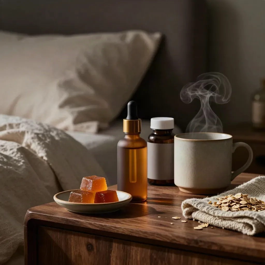 CBD oil, gummies, and softgels by a steaming mug and folded throw in a moody bedside scene.