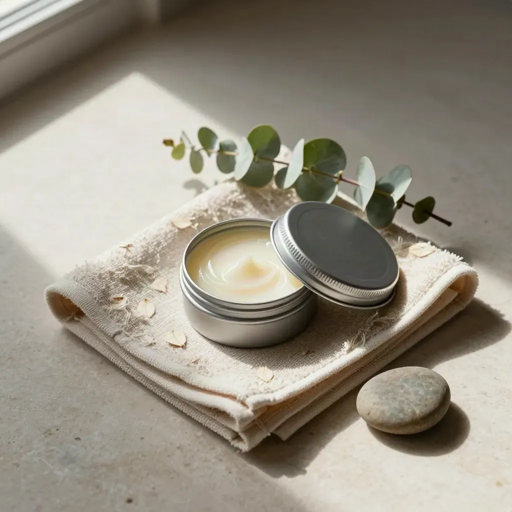 Open CBD balm tin with towel, eucalyptus sprig and stone on pale limestone.